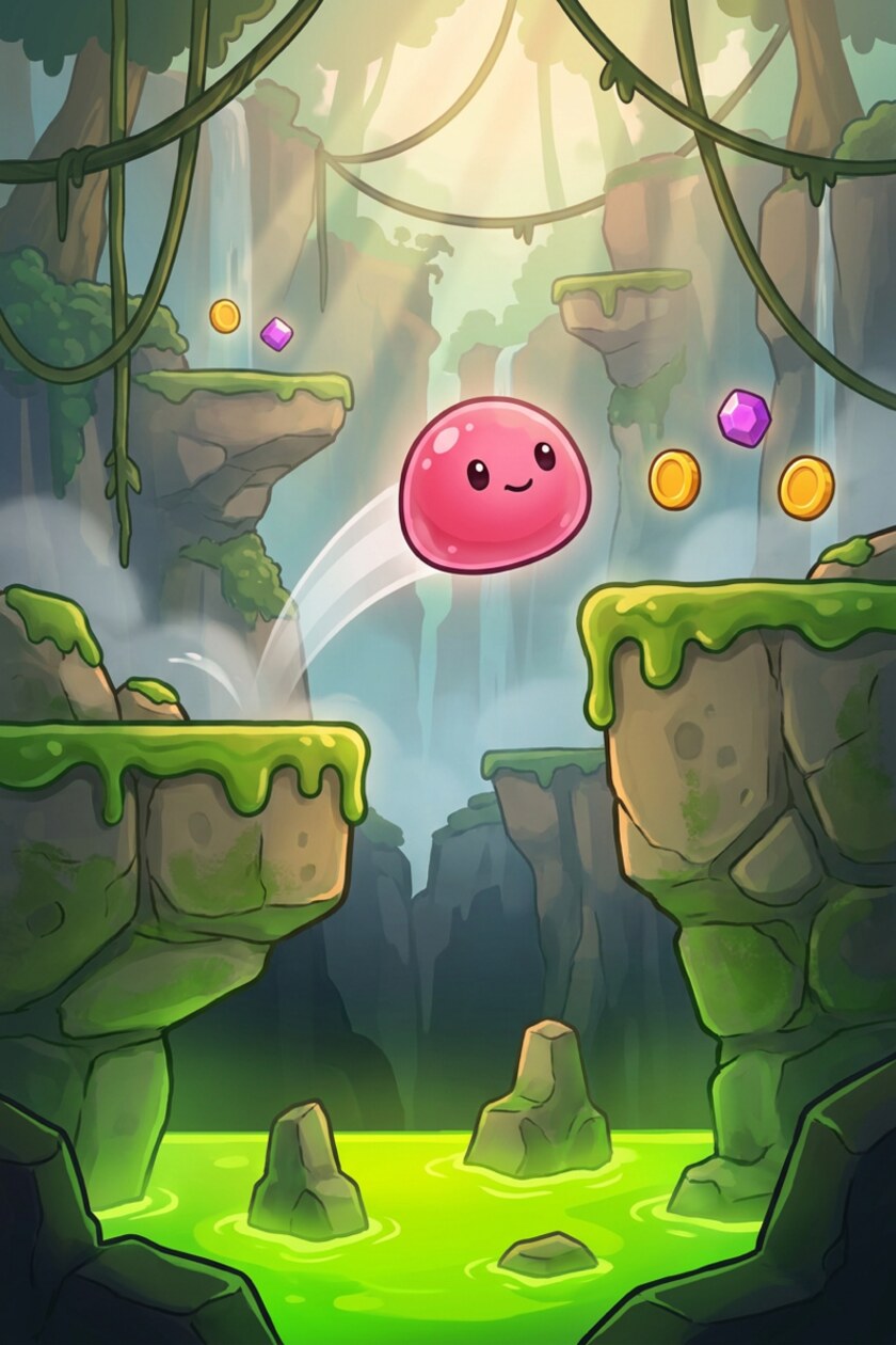Blob Hop game art with a pink blob leaping between jungle ledges